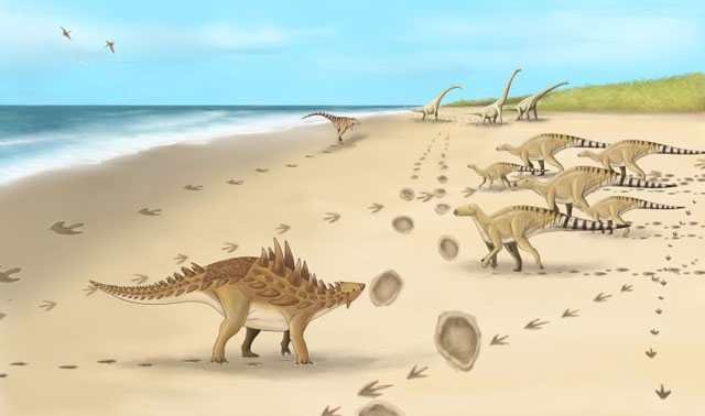 An artist's interpretation of the Folkestone dinosaur tracks.