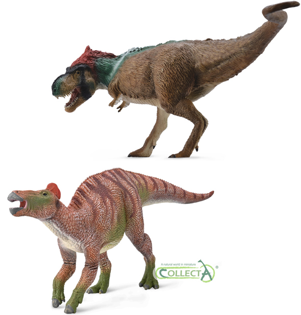 CollectA Edmontosaurus and the CollectA feathered T. rex.