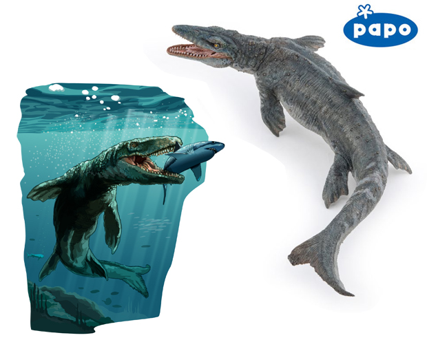 The Papo Mosasaurus model and company artwork.