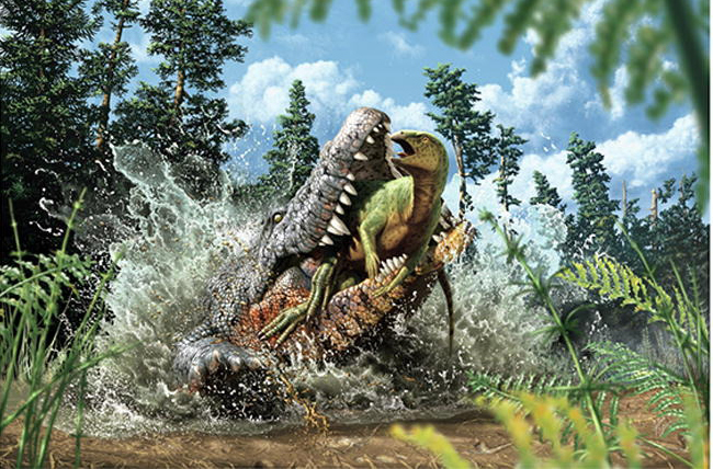 Confractosuchus sauroktonos attacks a juvenile ornithopod.