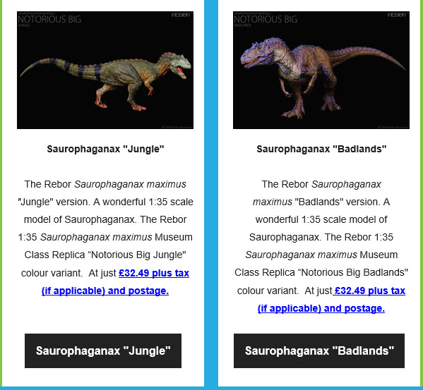 Rebor Saurophaganax models feature in an Everything Dinosaur newsletter.