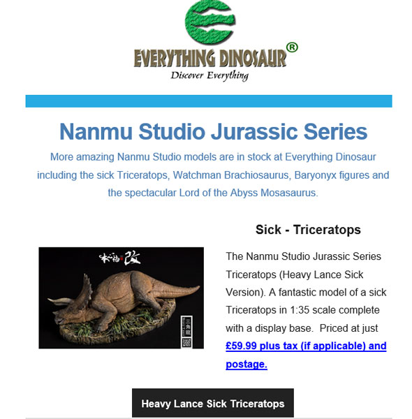 Nanmu Studio sick Triceratops dinosaur model in the Everything Dinosaur newsletter