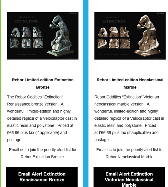 Rebor "Extinction" models feature in customer newsletter.